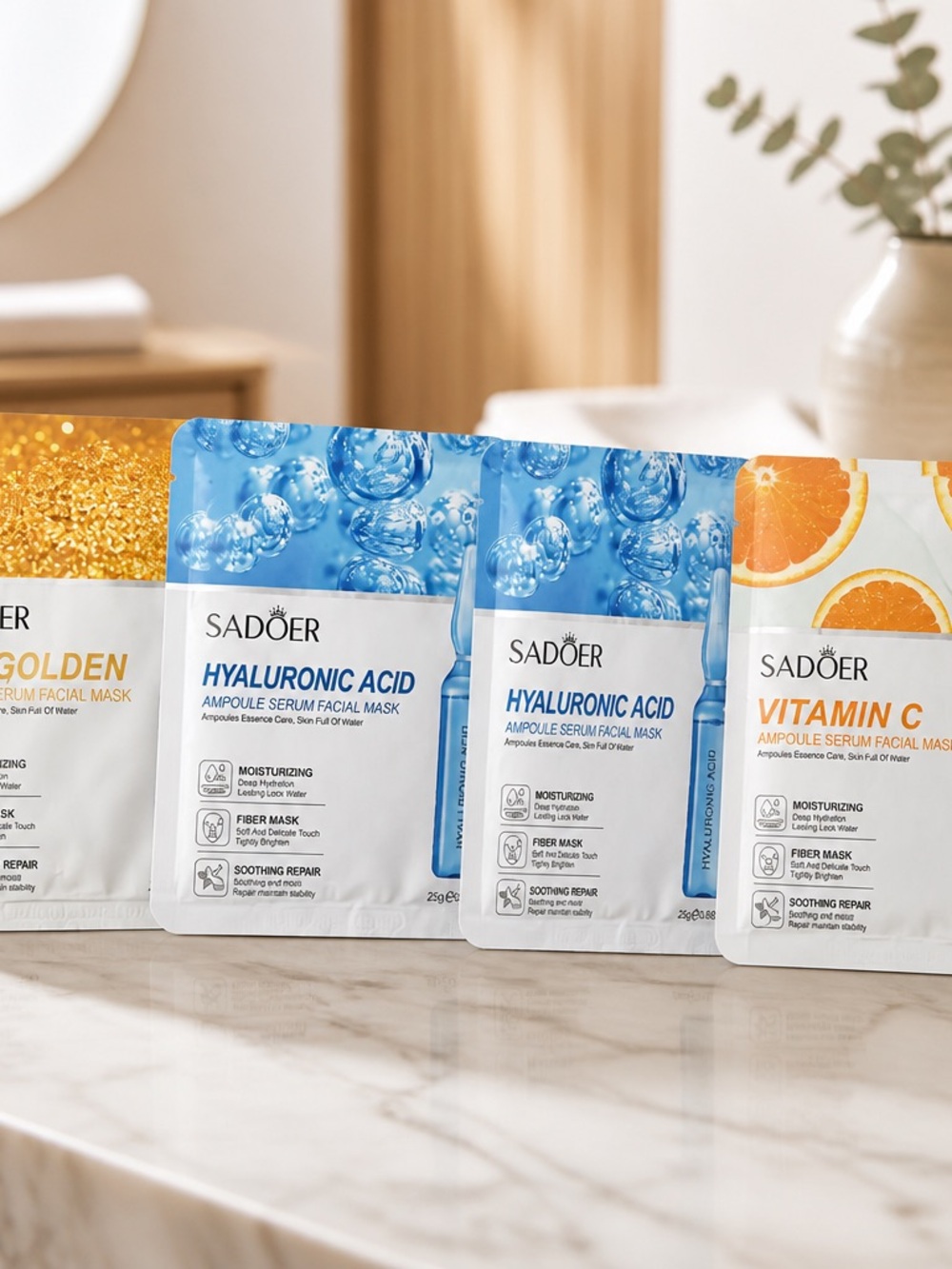 Set of 6 Sadoer masks Hyaluronic acid, 24k golden, and Vitamin C